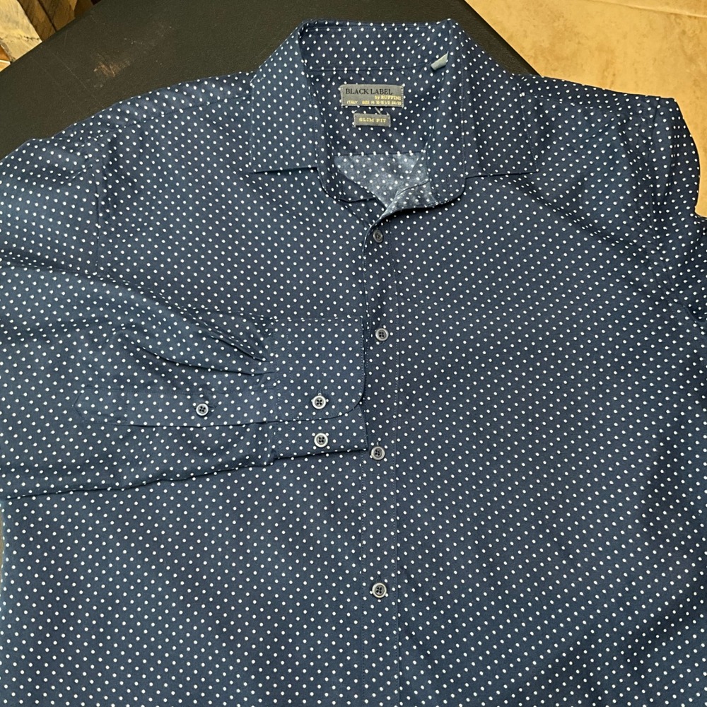 Black Label by Ruffini Mens Slim Fit Navy White Polka Dot Dress Shirt Italy Sz M